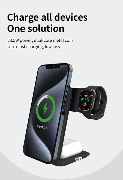 New iPhone Triple-Function Foldable Wireless Charger PW08 Metal Full-Coverage Leather-Wrapped Multi-Purpose Stand Wireless Charger