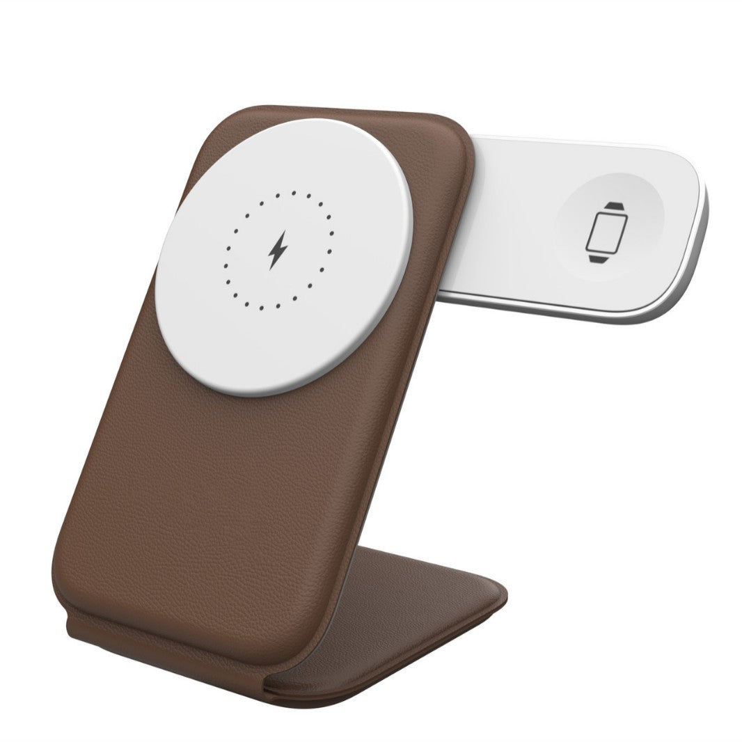 New iPhone Triple-Function Foldable Wireless Charger PW08 Metal Full-Coverage Leather-Wrapped Multi-Purpose Stand Wireless Charger